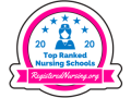 White, pink and blue badge reading "2020 Top Ranked Nursing Schools"